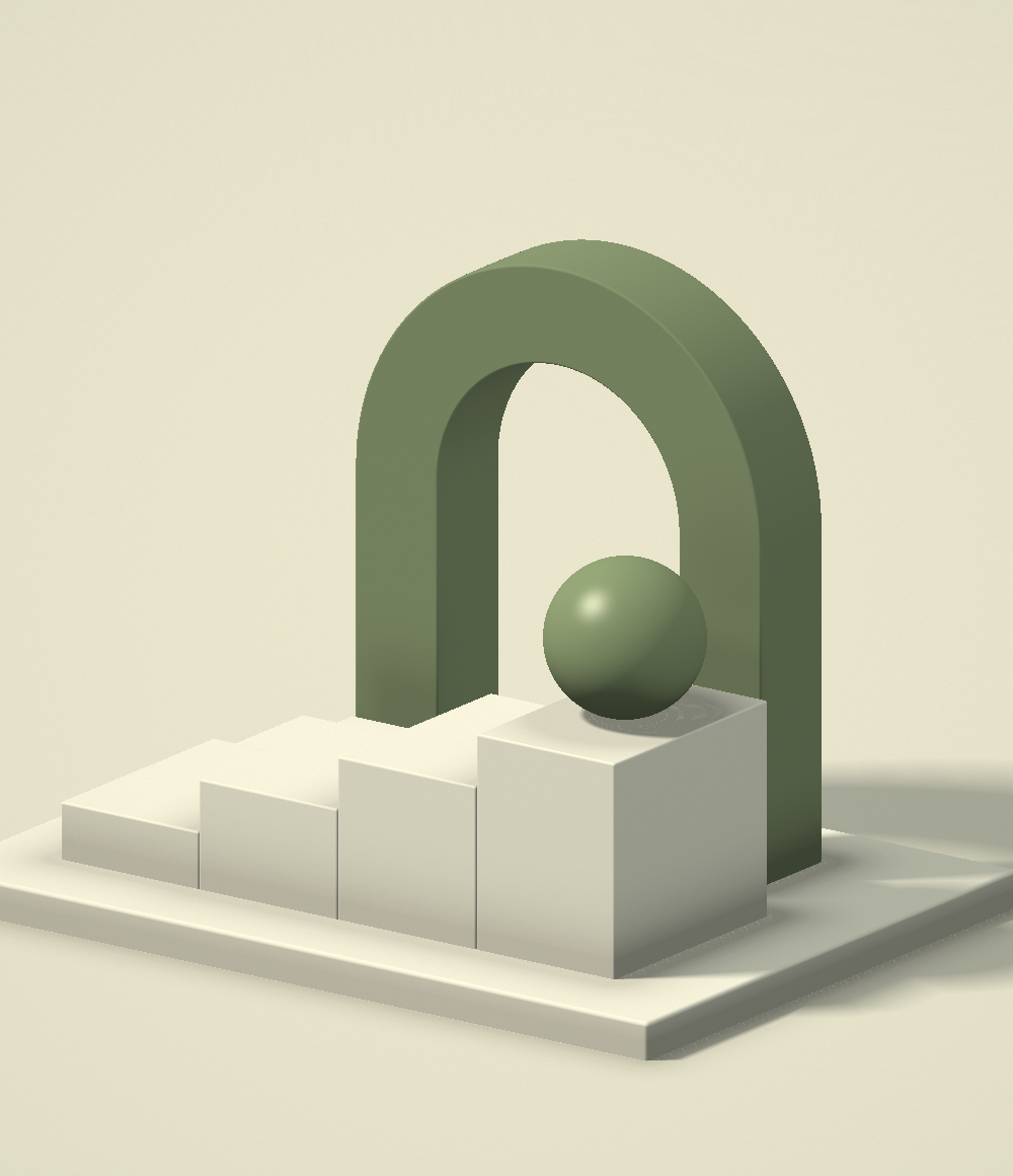 Original architectural illustration of ascending ivory platforms, an olive arch and a sphere, representing a clear path to business growth.